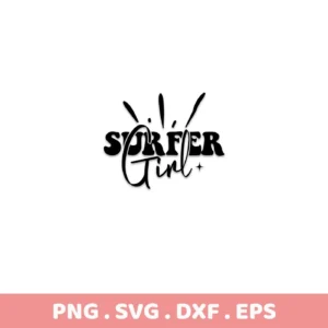 Black and white "Surfer Girl SVG Design" graphic with stylized text and sun rays, offered as a digital download bundle including SVG and PNG formats.