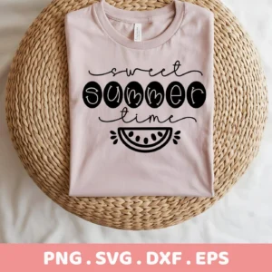 A light pink t-shirt with a "Sweet Summer Time" and watermelon slice design, representing a Sweet Summer Watermelon SVG digital download bundle (SVG, PNG).