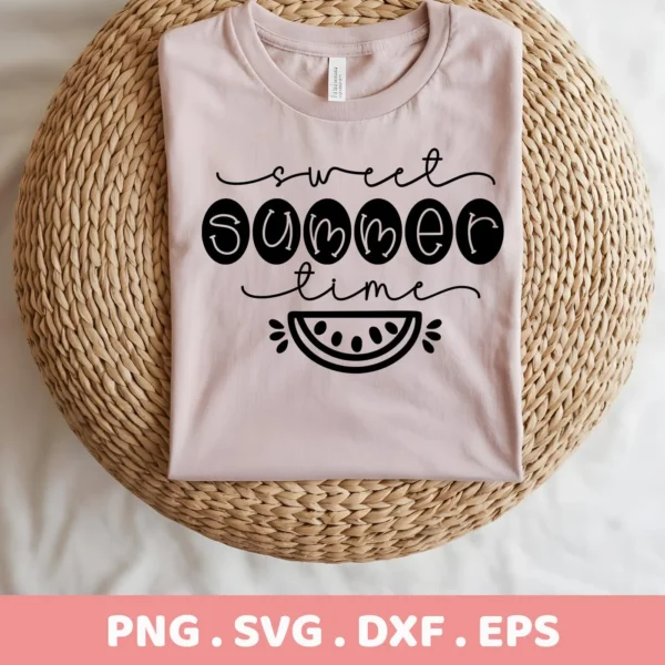 A light pink t-shirt with a "Sweet Summer Time" and watermelon slice design, representing a Sweet Summer Watermelon SVG digital download bundle (SVG, PNG).