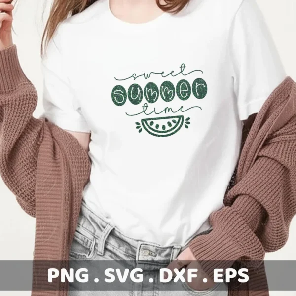 A woman wearing a white t-shirt with a "Sweet Summer Time" design featuring a watermelon slice, showcasing a Sweet Summer Watermelon SVG digital download bundle (SVG, PNG, DXF, EPS).