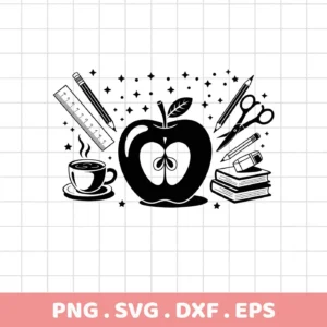 Black and white Teacher Apple SVG Design featuring an apple, school supplies, and a coffee cup, available as a digital download bundle (SVG, PNG).