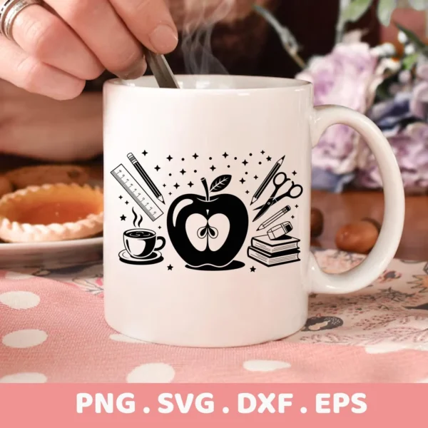 Close-up of a white mug featuring a "Teacher Apple SVG Design" with school-themed icons like a ruler, pencil, coffee cup, and books, indicating a digital download bundle (SVG, PNG).