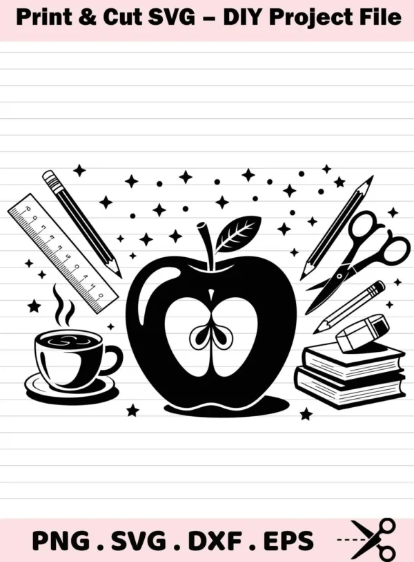 Black and white Teacher Apple SVG Design featuring an apple, school supplies, and a coffee cup, offered as a digital download bundle including SVG and PNG files.