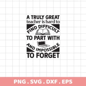 Black and white graphic design featuring the "Great Teacher Quote Design" with a book and laptop illustration, available as a digital download bundle in SVG, PNG, DXF, and EPS formats.