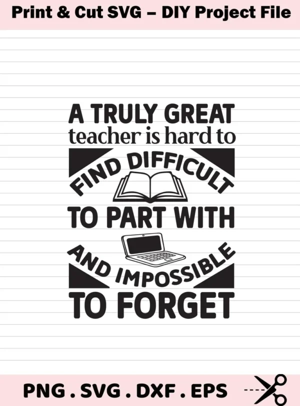The image displays the "Great Teacher Quote Design" with text and simple graphics of a book and laptop, available as a digital download bundle in SVG, PNG, DXF, and EPS formats for crafting.