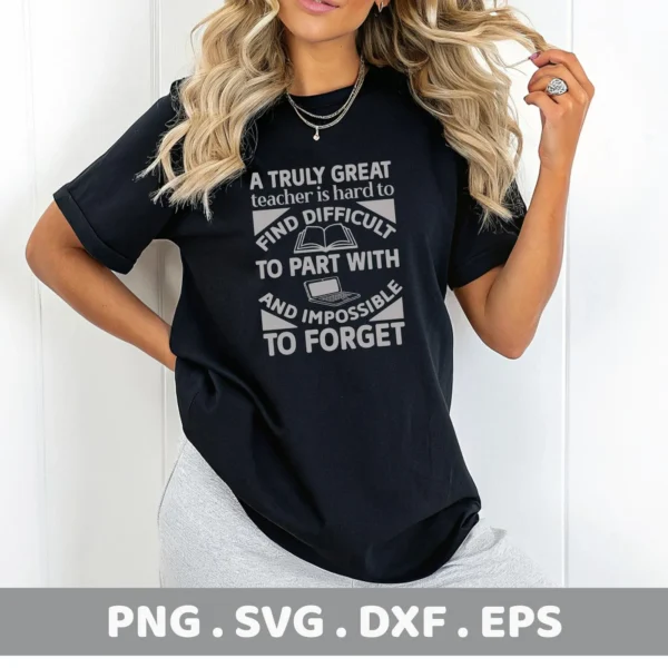 Woman wearing t-shirt with "Great Teacher" quote, digital SVG for Cricut.