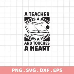 Black and white vector graphic featuring the "Teacher Motivational Quote SVG" design with an open book and apple, available as a digital download bundle for crafting.