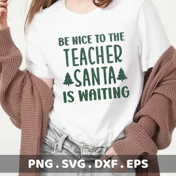 T-shirt mockup with "Teacher Santa" SVG design, a digital file for Cricut and Silhouette projects.