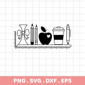 Teacher Desk SVG Design: A digital download bundle (SVG, PNG) featuring a ruler, vase, pencils, apple, coffee cup, and pen in a linear, minimalist style.