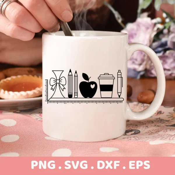 A white mug displays a "Teacher Desk SVG Design" featuring a ruler, bow, pencils, apple, coffee cup, and pen, indicating a digital download bundle (SVG, PNG).
