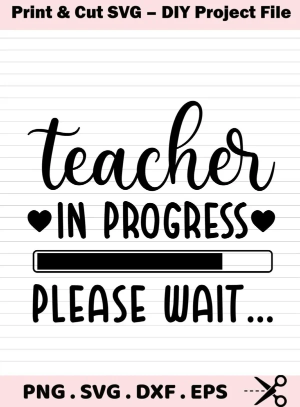 Teacher In Progress SVG" design featuring the phrase "Teacher in Progress" with a loading bar and "Please Wait..." text, available as a digital download bundle including SVG and PNG formats.