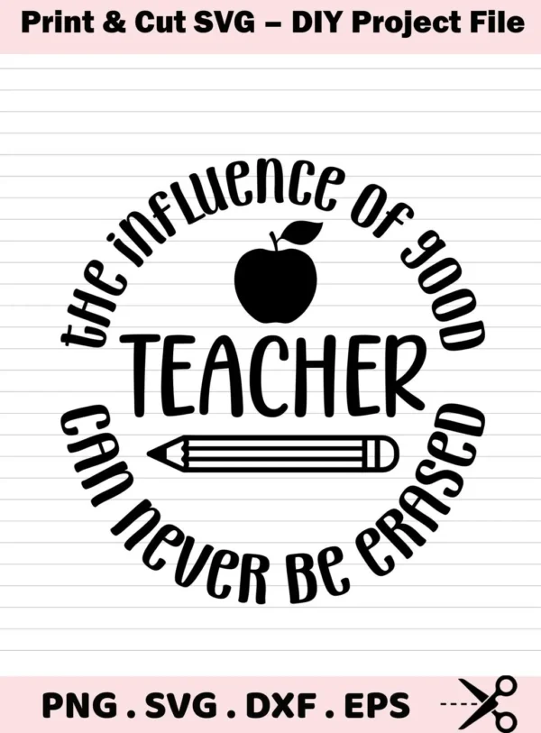 Teacher Influence SVG Design featuring an apple, pencil, and the phrase "The influence of a good teacher can never be erased," available as a digital download bundle including SVG and PNG files.