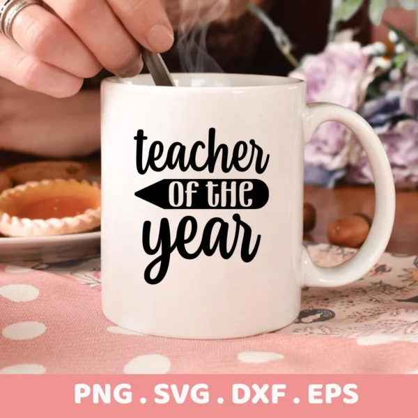 White mug with "Teacher Year" SVG design, part of digital file bundle for Cricut and Silhouette projects.