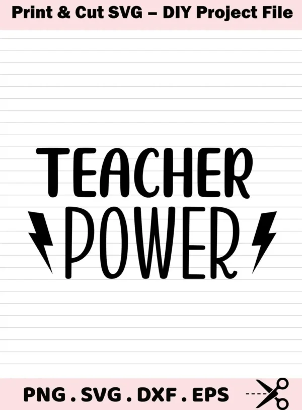 Digital download bundle featuring the phrase "TEACHER POWER" with lightning bolt accents, available in SVG and PNG formats.