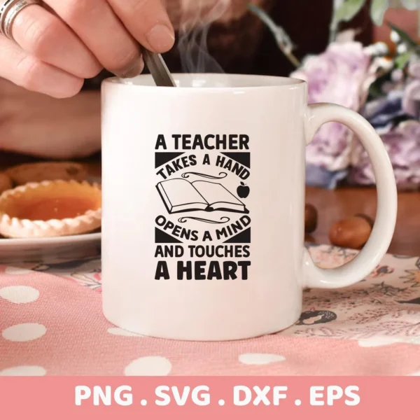 Close-up of a white mug featuring a "Teacher SVG Design File" quote with a book and apple graphic, presented as a digital download bundle (SVG, PNG).