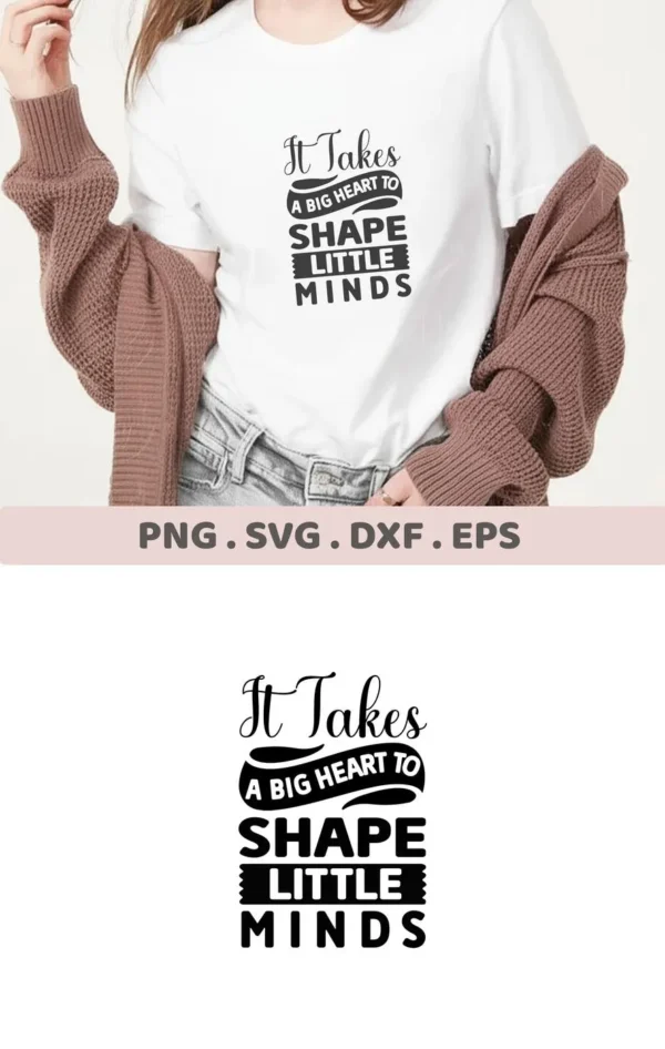 T-shirt mockup with "Shape Minds" SVG design, a digital download for teacher gifts.