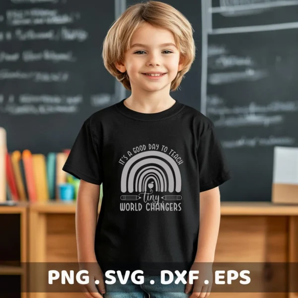 A child models a black t-shirt featuring a "Teacher Rainbow SVG Design" with the text "It's a good day to teach" and "Tiny World Changers," available as a digital download bundle (SVG, PNG).