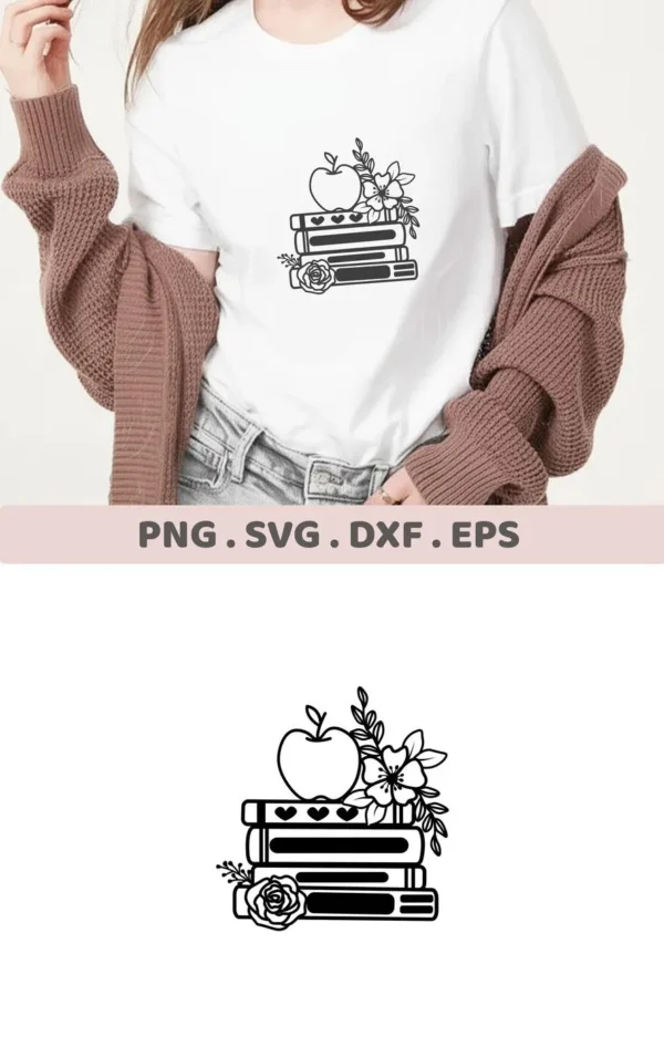 A t-shirt mockup displays the "Floral Books Apple SVG" design, a stack of books with an apple and flowers, available as a digital download bundle for Cricut and Silhouette.