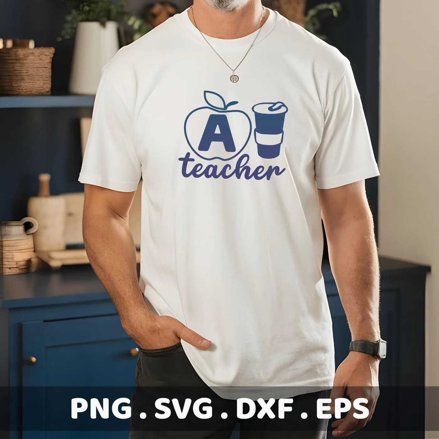 A man models a white t-shirt featuring a "Teacher Apple Coffee SVG" design, indicating it's a digital download bundle for crafting.