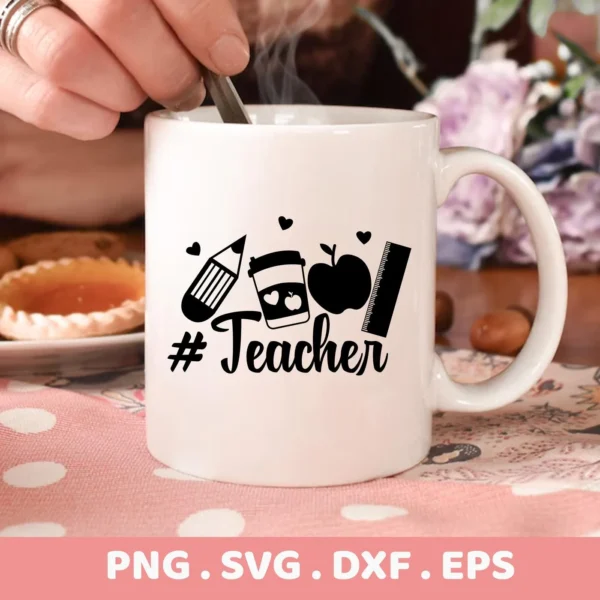 A white mug featuring a "Teacher Appreciation SVG Design" with a pencil, coffee cup, apple, ruler, and the word "Teacher" is being stirred, showcasing a digital download bundle for crafts.