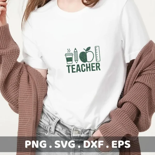 A woman wearing a white t-shirt with a "Teacher SVG Design File" featuring a coffee cup, pencil, apple, and ruler graphic, indicating a digital download bundle including SVG and PNG formats.