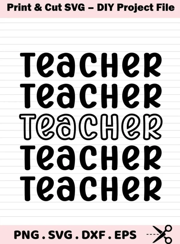 Digital download bundle featuring "Teacher SVG for Cricut" designs in various styles, including SVG and PNG formats.