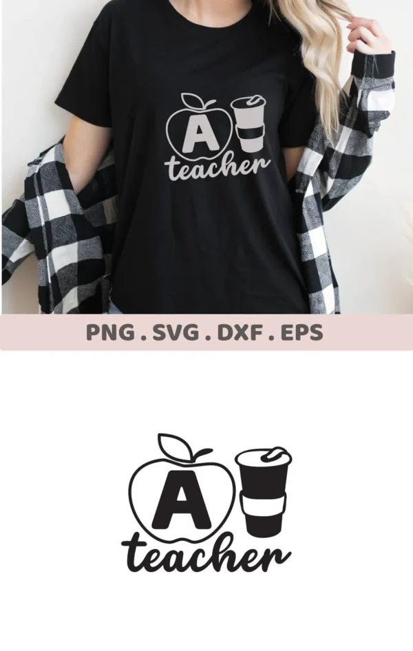 Teacher Apple SVG design on black shirt, a digital file for Cricut and Silhouette projects.