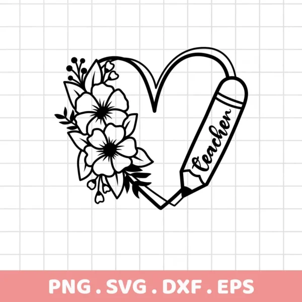 Floral Teacher Heart SVG design with pencil. Digital file for crafting.