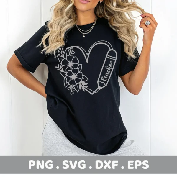Woman wearing black t-shirt with Teacher Heart SVG design. Digital file for crafting.