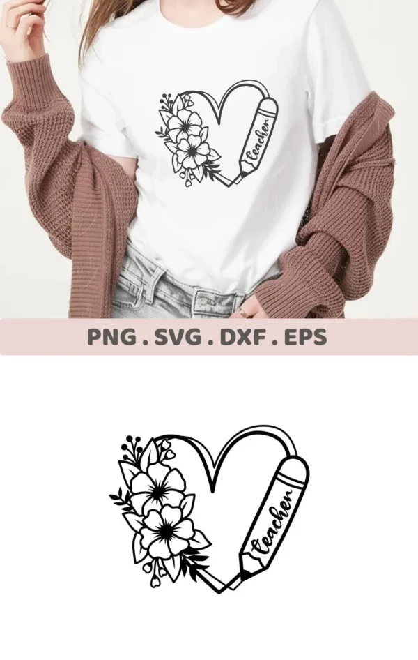 Floral Teacher Heart SVG design on a t-shirt, a digital file for Cricut and Silhouette projects.