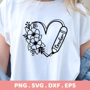 A white t-shirt mockup displays a "Floral Teacher Heart SVG" design, featuring a heart shape formed by a pencil labeled "Teacher" and floral accents, available as a digital download bundle for crafting.