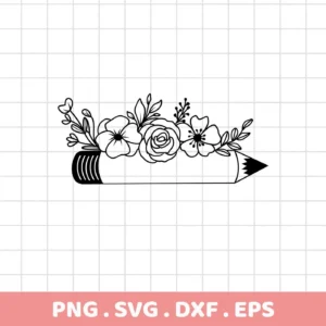 A black and white line art design of a pencil adorned with floral elements, available as a Floral Pencil SVG Design digital download bundle.