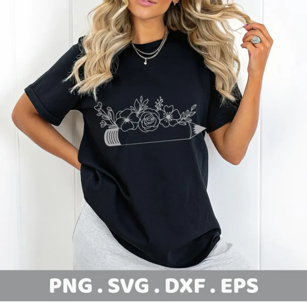 A woman models a black t-shirt featuring a "Floral Pencil SVG Design," showcasing the digital download bundle for Cricut and Silhouette crafts.