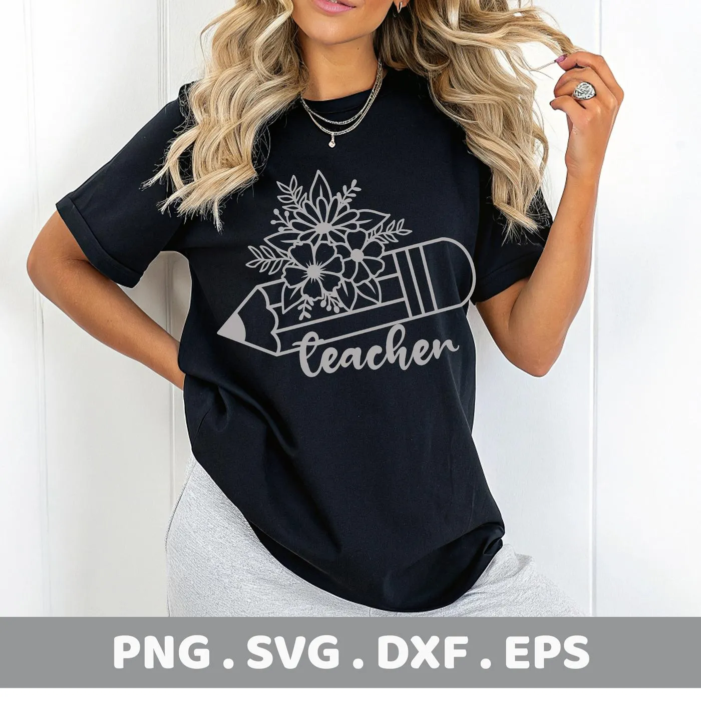 A woman models a black t-shirt featuring a silver "Floral Teacher Pencil SVG" design, available as a digital download bundle for crafting.