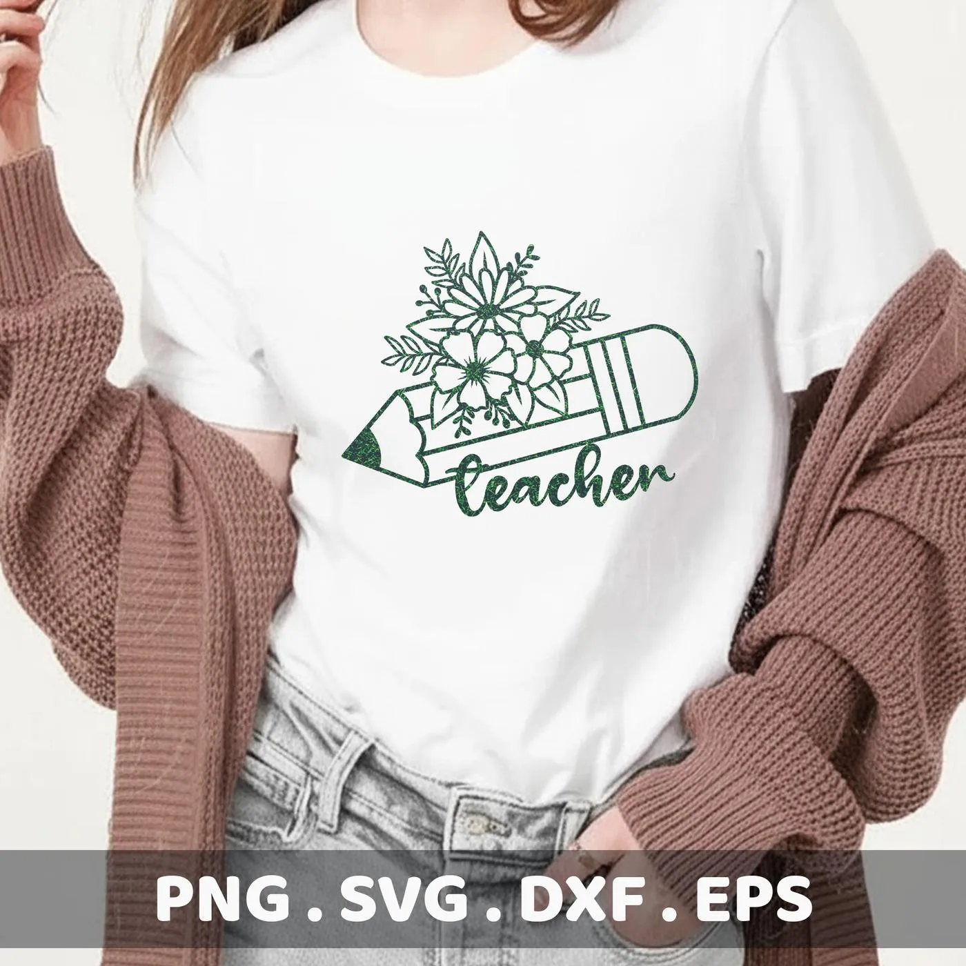 A woman wearing a white t-shirt with a "Floral Teacher Pencil SVG" design, available as a digital download bundle for crafts.