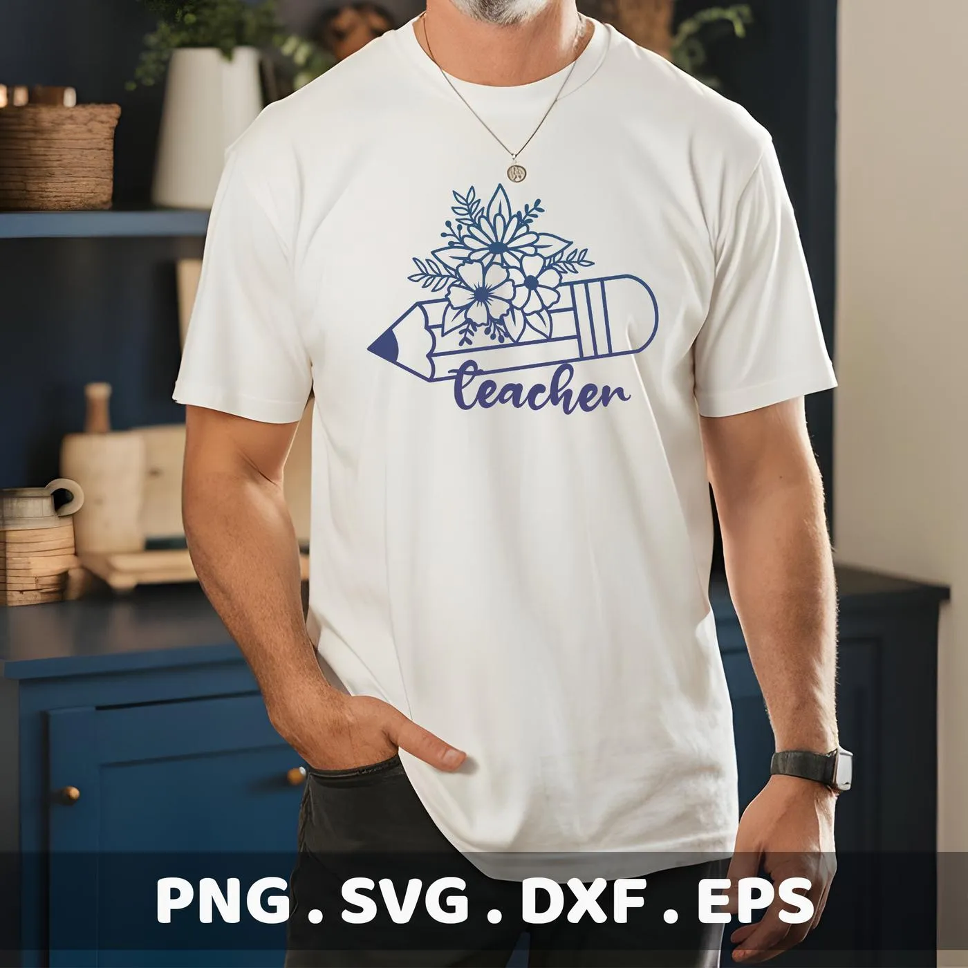 A man wearing a white t-shirt featuring a blue "Floral Teacher Pencil SVG" design, showcasing a digital download bundle for crafting.