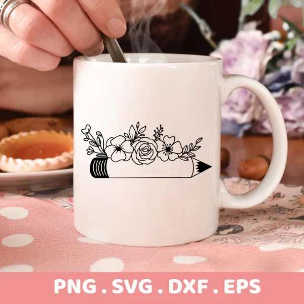 A white mug displays a "Floral Pencil SVG Design" graphic, available as a digital download bundle for crafting.