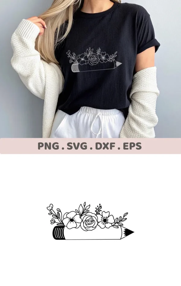 A woman models a black t-shirt with a "Floral Pencil SVG Design" printed on it; the design is also shown separately below, indicating it's a digital download bundle for crafting.