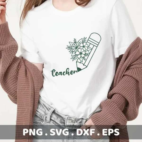 A white t-shirt mockup displays a green "Floral Teacher Pencil SVG" design, available as a digital download bundle for crafting.