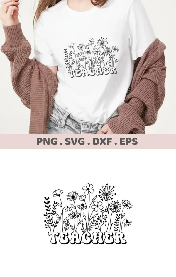 T-shirt mockup with Teacher Flowers SVG design, a digital file for Cricut and Silhouette.