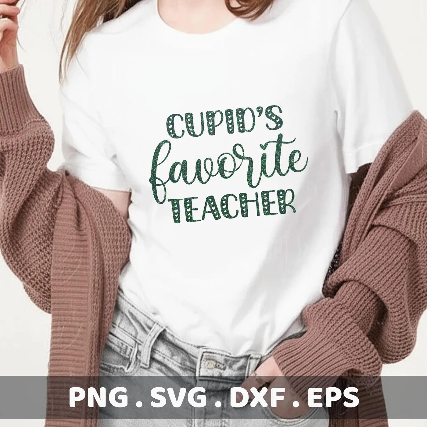 T-shirt mockup with "Cupid's Favorite Teacher" design, a Teacher Valentine SVG for crafting.