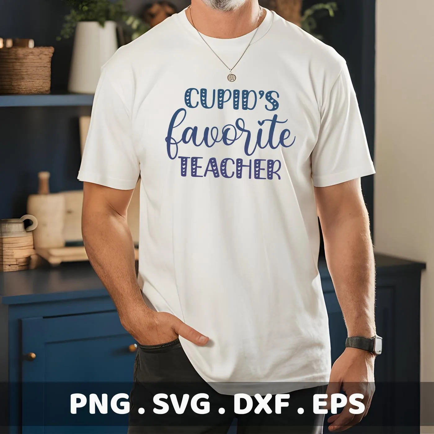 Man wearing white t-shirt with "Cupid's Favorite Teacher" design, a Teacher Valentine SVG for crafting.