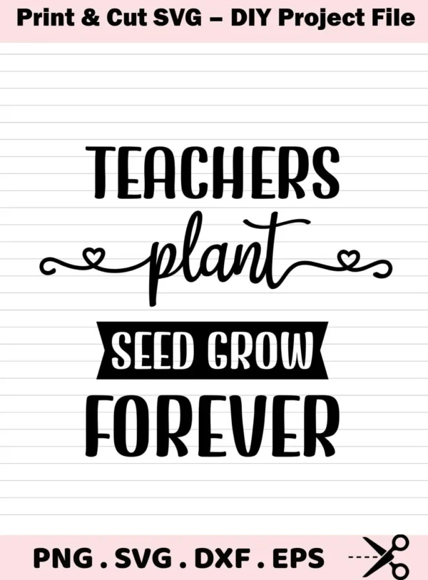 Teachers plant seed grow forever" text design, a Teacher Plant Seed SVG File, available as a digital download bundle including SVG and PNG formats.