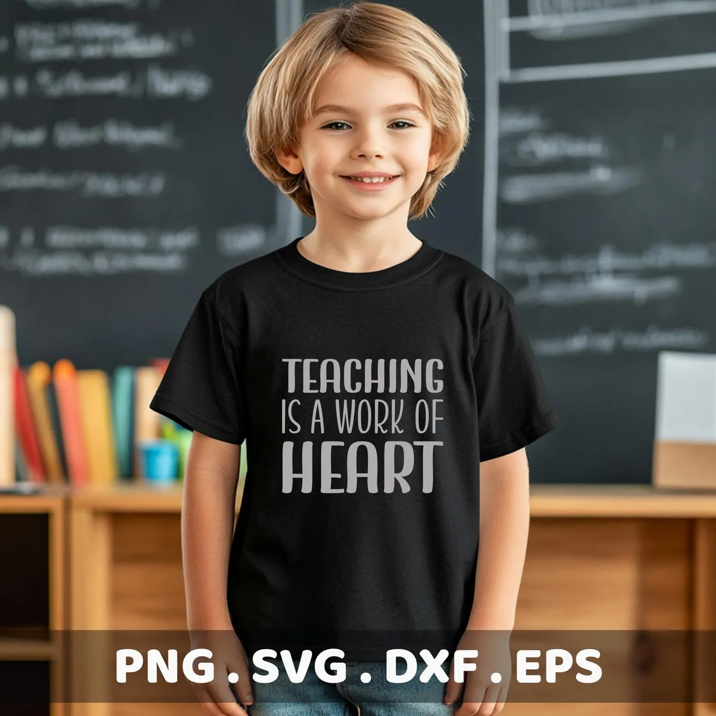 A young child smiles wearing a black t-shirt with the "Teaching is a work of heart" design, representing a Teaching Heart SVG Design available as a digital download bundle (SVG, PNG, DXF, EPS).