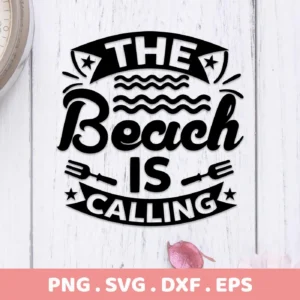 Black vector graphic "Beach Calling SVG Design" with stylized text, waves, and forks, presented as a digital download bundle (SVG, PNG).