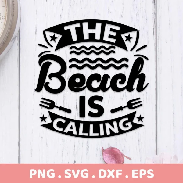 Black vector graphic "Beach Calling SVG Design" with stylized text, waves, and forks, presented as a digital download bundle (SVG, PNG).