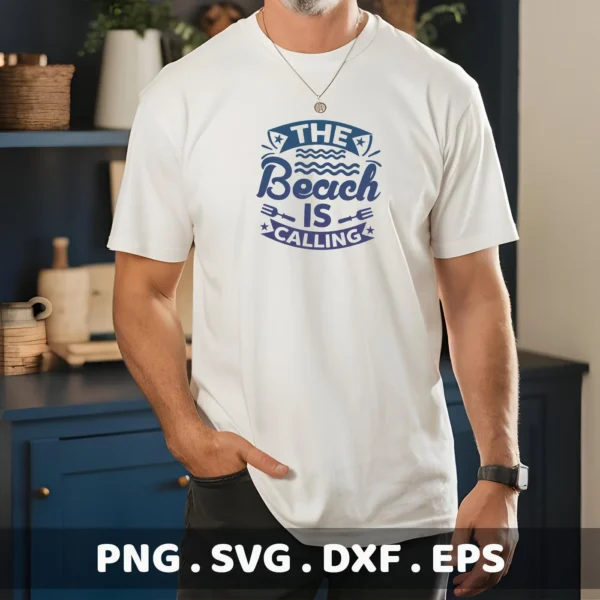 A man wearing a white t-shirt with a blue "The Beach is Calling" design, showcasing a Beach Calling SVG Design available as a digital download bundle including SVG and PNG formats.