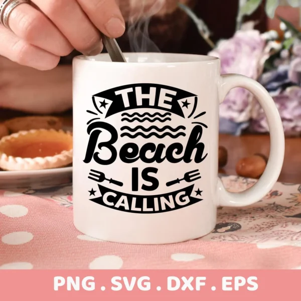Close-up of a white mug with the "Beach Calling SVG Design" in black lettering, part of a digital download bundle (SVG, PNG).