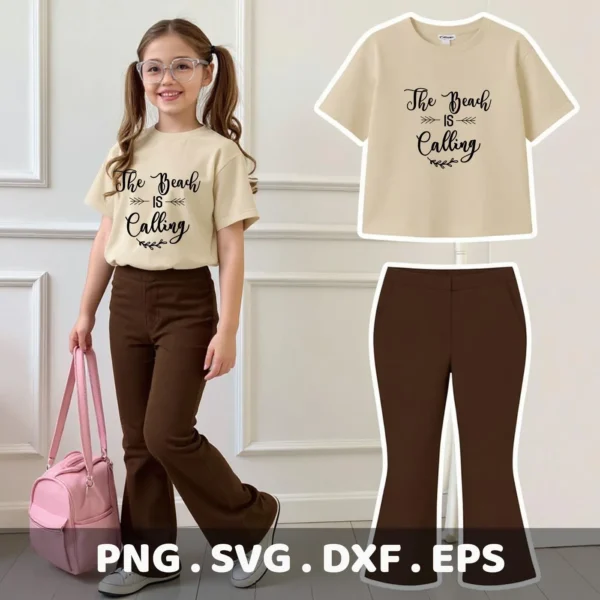 A young girl models a t-shirt with "The Beach is Calling" design, showcasing the Beach Calling SVG Design available as a digital download bundle (SVG, PNG).