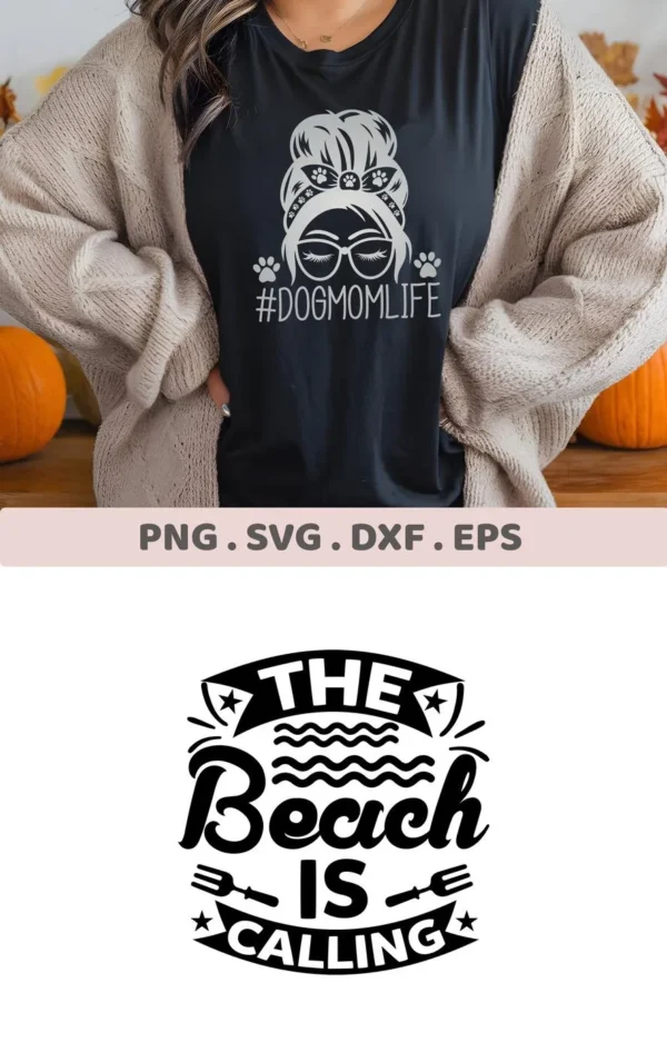 The Beach Is Calling" SVG design, a digital download bundle (SVG, PNG) featuring a stylized text design with beachy elements.